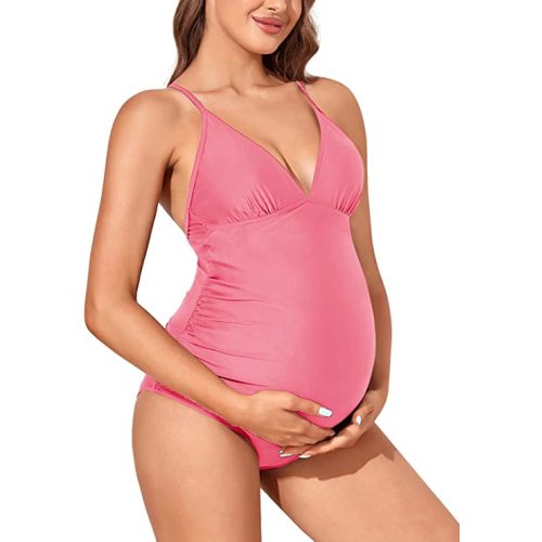 Women Maternity Swimsuit Cross Back One Piece Pregnant Monokini Beachwear - Light Pink - Medium