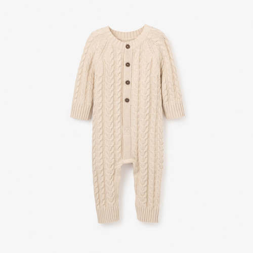 Wheat Horseshoe Cable Knit Baby Jumpsuit WHEAT / 3-6M