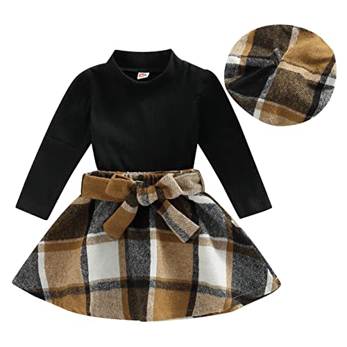 Mubineo Toddler Baby Girl 3PCS Fall Winter Skirt Outfits Long Sleeve Shirt Tops Plaid Skirts Hat Set