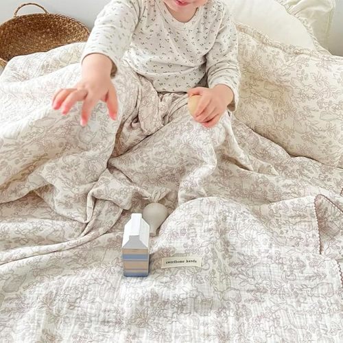 Large Muslin Toddler Blanket Forest Rabbit Mushroom Pattern,47"x51" | 4-Layer Muslin Cotton,Breathable Lightweight Soft,Vintage Floral,Reversible, Baby Girls Boys Crib Quilt Kids Nursery Throw