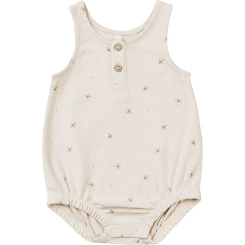 Baby Bee Print Organic Cotton Henley Romper, 3-6M, Natural-Bees
