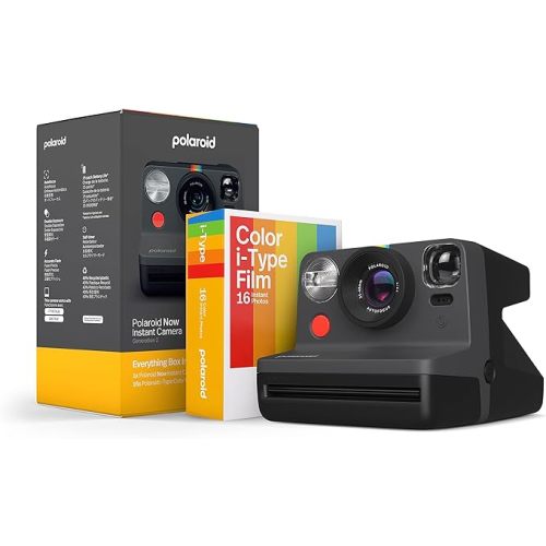 Polaroid Now 2nd Generation I-Type Instant Camera + Film Bundle - Now Black Camera + 16 Color Photos (6248)- Black