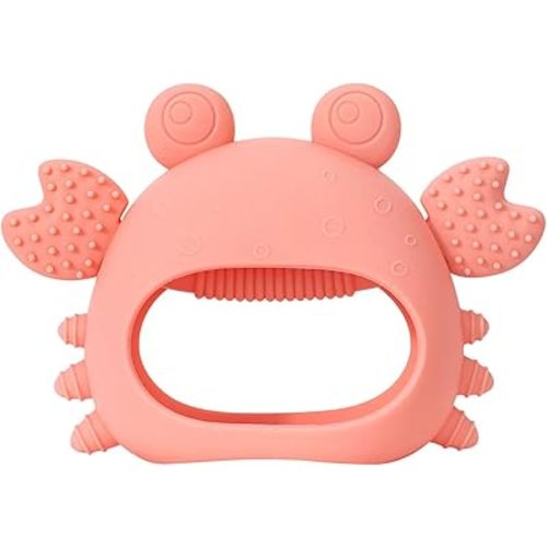 Never Drop Teething Toys for Babies, Baby Mitten Silicone Teether for Soothing Teething Pain Relief, Baby Chew Toys for Sucking Needs (Crab Pink)