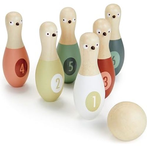 Tender Leaf Toys - Birdie Skittles - Kids Bowling Set - 6 Solid Wood Bowling Pins, Ball and Storage Bag - Fun Physical Learning for Toddler - Develop Hand-Eye Coordination and Numeracy Skills - Age 3+