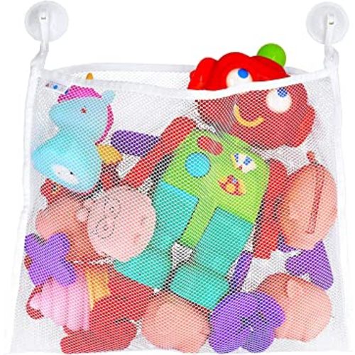 Bath Toy Organizer Includes Suction Cup Hooks and Adhesive Hooks and Tub Toy Mesh Bag White