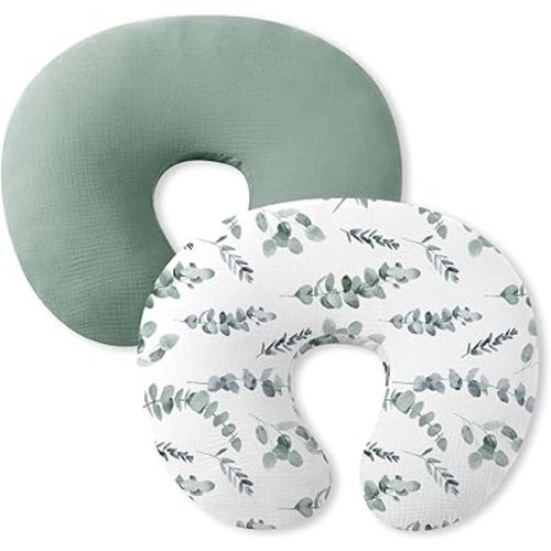 Little Grape Land Nursing Pillow Covers 2 Pack for Baby, Soft 100% Cotton Covers for Breastfeeding Pillows, Breathable Muslin Green Leaves Nursing Pillow Cases Fit Standard Nursing Pillows