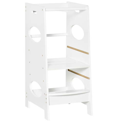 HOMCOM Toddler Kitchen Step Stool with Adjustable Standing Platform & Safety Rail, White
