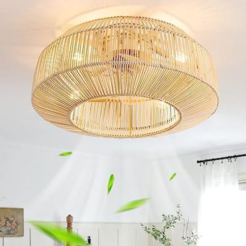20" Boho Caged Ceiling Fan with Lights Flush Mount, Low Profile Rattan Ceiling Fans with Lights and Remote Control, Enclosed 6 Speeds for Bedroom, Living Room, Kitchen