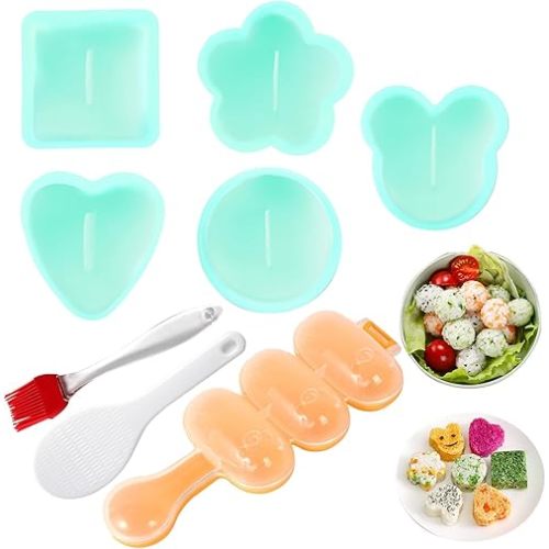 Onigiri Maker Mold, 8 Pcs Sushi Onigiri Musubi Maker Mold Kit Rice Ball Mold Shake Sushi Makers Mold with Small Rice Paddle, Brush for Kitchen.(Green)