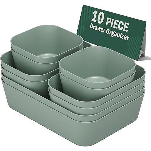 Plastic Drawer Organizers, 10 PCS Drawer Organizer Bins, Bathroom and Vanity Organizer Plastic Tray, Makeup organizer and storage for Makeup, Bedroom, Kitchen Gadgets Utensils and Office (Green)