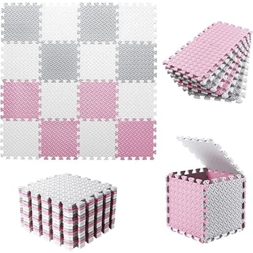Foam Play Mat for Baby, 0.4 Inch Thick Foam Interlocking Floor Mats, Soft Non-Toxic Baby Playmat, Solid Colored Puzzle Play Mat Kids Floor Mats for Toddler, 16 Tiles(White/Light Gray/Pink)