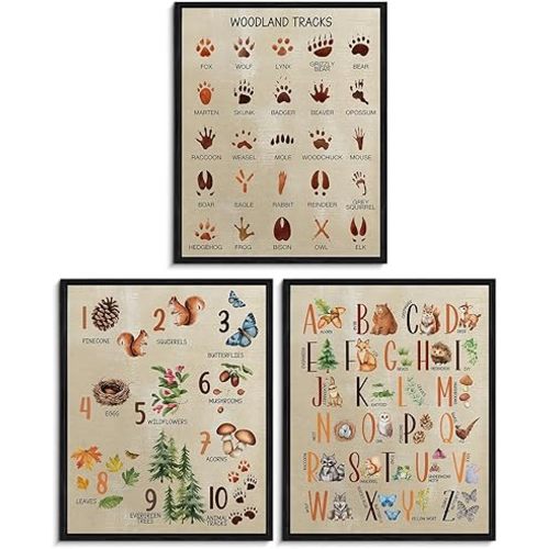 WEZADUK Woodland Tracks Nursery Wall Art Decor, Forest Baby Boy Room Decor, Wild Animals ABC Alphabet Poster for Kids Toddler Room Playroom, 8x10 Inches Set of 3 Unframed
