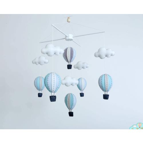 Pastel blue and grey hot air balloons baby mobile, baby mobile, winter nursery, adventure nursery decor