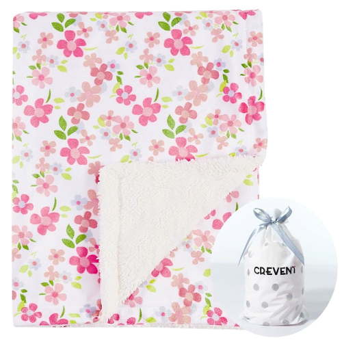 CREVENT Minky Sherpa Warm Baby Blanket for Girls Boys, Soft Plush Receiving Blanket for Newborns, 30''x40'' ,Pink Flowers