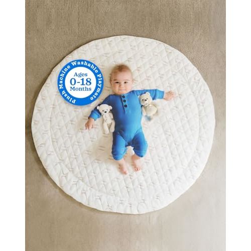 Quilted Soft Padded Baby Play Mat – 43" Round Foldable & Portable Infant Floor Mat – Machine Washable Tummy Time Mat for Crawling, Playroom or Nursery – Beige Cushioned Activity Pad for Newborns