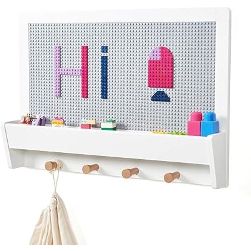 UTEX 2 in 1 Building Block Wall for Lego, Activity Wall Panel for Kids with Shelf and Hooks, Wood Wall Shelf for Kids Room, Playrooom, Nursery