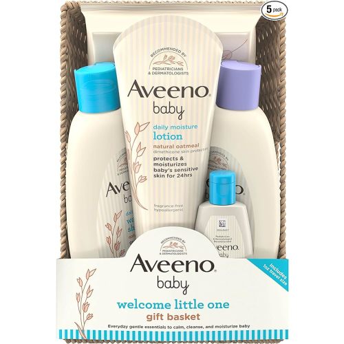 Aveeno Baby Welcome Little One Gift Basket, Baby Skincare Set with Baby Body Wash & Shampoo, Calming Bath Wash, All Over Baby Wipes, & Daily Moisturizing Lotion, 5 Items