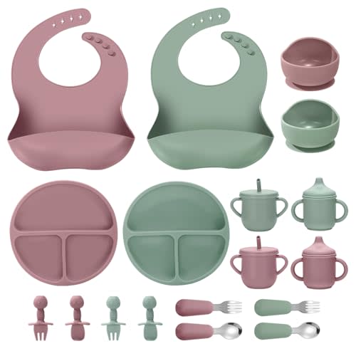 JELLDJK Silicone Baby Feeding Set, 18PCS Baby Led Weaning Supplies, Eating Essentials Utensils with Suction Plate and Bowl, Adjustable Silicone Bib, for 6+ Months (Pink+Green)