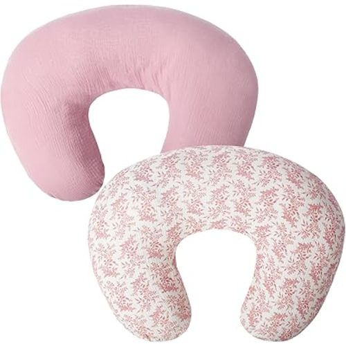 FUNUPUP Muslin Nursing Pillow Cover Compatible with Boppy Nursing Pillow, Soft Baby Nursing Covers for Breastfeeding Pillows for Boys Girls, only Cover, Pink & Pink Leaves