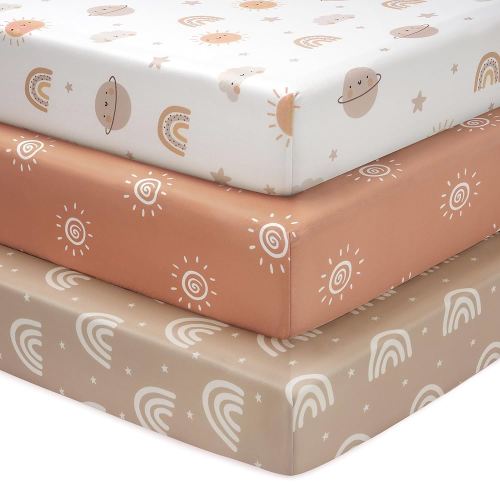Baby Crib Sheets for Boys and Girls, 3 Pack Fitted Toddler Bed Sheets Neutral for 52”x28” Standard Crib and Toddler Mattresses, Super Soft Microfiber Orange Sun Rainbow