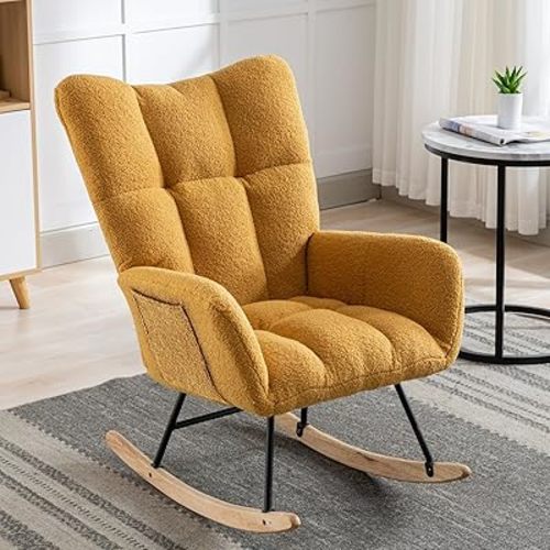 Rocking Chair Nursery, Teddy Upholstered Glider Rocker with High Backrest, Reading Chair Modern Rocking Accent Chairs Glider Recliner for Living Room, Nursery, Bedroom,Yellow