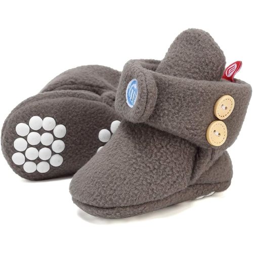 Lancholy Newborn Baby Soft Fleece Booties Infant Boy Girl Cozy Socks with Non Skid Gripper Stay On Slippers Toddler First Walkers Winter Ankle Crib Shoes First Birthday Shower Gift - 3-6 Months Infant - Dark Grey