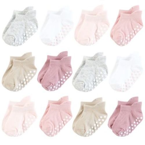 Hudson Baby Infant Girl Non-skid No-show Socks, Mauve Neutral, 12-24 Months