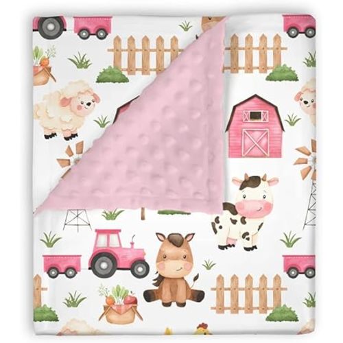 Mink Baby Girl Blanket Farm Life Barn Animal Pink, Cow Horse Sheep Chicken Chick Pig Tractor Double Layer Dotted Backing Receiving Blankets Newborn Infant Toddler Nursery Crib Bedding 30 x 40