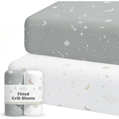 Crib Sheets Neutral - Fitted Baby Crib Sheets Bed for Girl Boy - 2 Pack Standard & Toddler Mattress (Galaxy, Moon, and Stars) - Buttery Soft Organic Cotton Blend