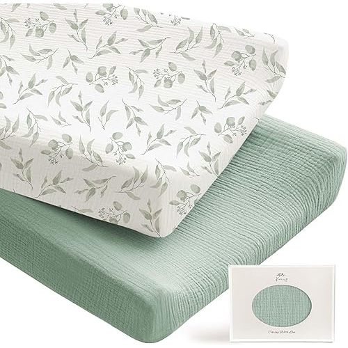 Konssy 2 Pack Muslin Changing Pad Covers for Boys, Ultra Soft & Breathable Cotton Baby Diaper Changing Table Covers, Neutral Nursery Diaper Changing Pad Sheets (Green, Green Leaves)