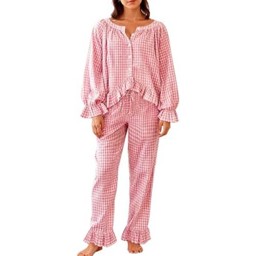 WOWULOVELY Womens Long Sleeve Gingham Pajama Set 2 Piece Plaid Cotton Babydoll Shirt and Leg Pants Cute Ruffle Pjs Set