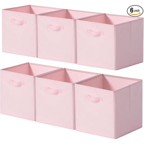 Cupic Cupid 13x13 Storage Cubes, 6 Pack Open Storage Bins with Handles, Storage Cube Organizer for Clothes and Toys, Collapsible Cube Bins for Closet, Shelves, Offices, Pink