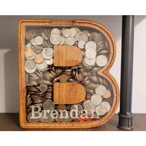 Personalized Large Wooden Kids Letter Piggy Bank Custom Name Coin Bank, ( Laser Engraved Name ) Wood Alphabet Letter Bank Money Box Birthday