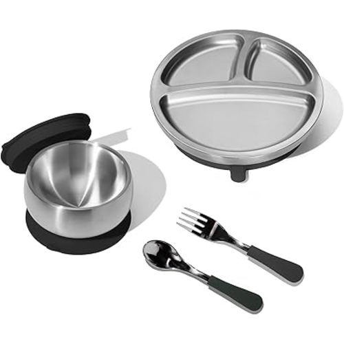 Avanchy Toddler Feeding Bundle – Stainless Steel Divided Plate, Bowl, Fork & Spoon with Suction, BPA-Free, Dishwasher Safe, Unbreakable, Non-Toxic – Black