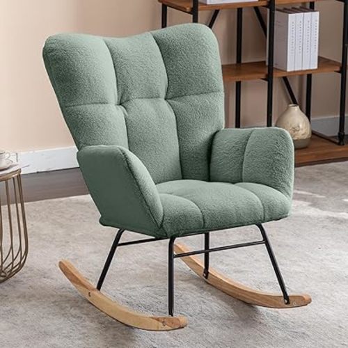 NIOIIKIT Nursery Rocking Chair Velvet Upholstered Glider Rocker Rocking Accent Chair Padded Seat with High Backrest Armchair Comfy Side Chair for Living Room Bedroom Offices (Olive Green)