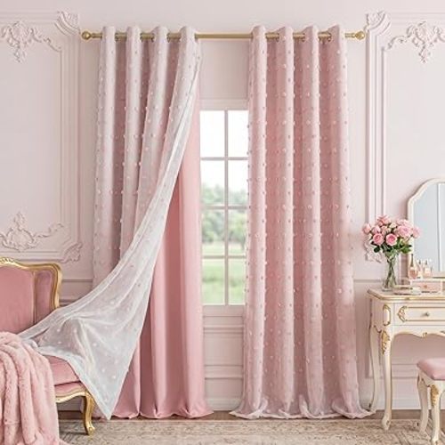 MYSKY HOME Pink Curtains for Girls Room 84 Inches Long 2 Panels Girls Curtains wiht Pink Pom Pom Sheer Blackout Nursery Curtain Room Darkening 2 Layered Window Drapes for Toddler Grommet, 52 x 84 Inch