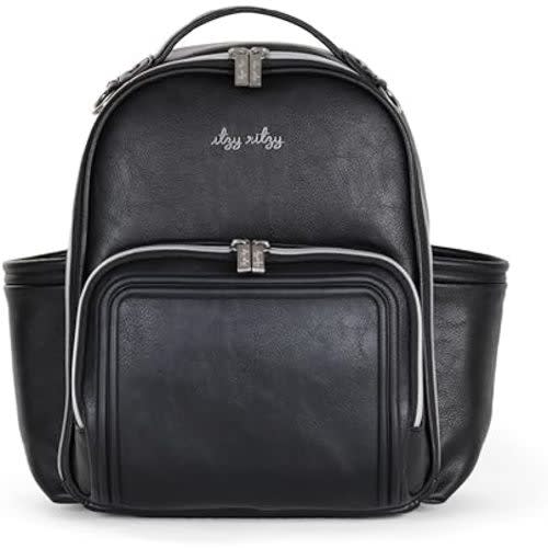 Itzy Ritzy Mini Plus Diaper Bag Backpack – Chic Mini Diaper Bag with Changing Pad, 10 Total Pockets (6 Internal and 4 External), Grab-Top Handle and Rubber Feet (Black with Silver Hardware)