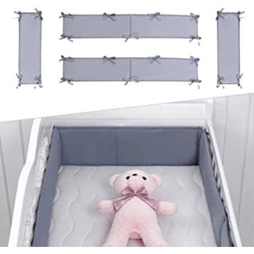 4 in 1 Crib Bumper Pads Baby Crib Bumpers Padded, Soft Cotton Crib Liner Bumpers, Breathable Crib 4 Sides Protector Buffer Anti-Collision Pads for Boys Girls Protect Babys’ Head Arms (Solid Grey)