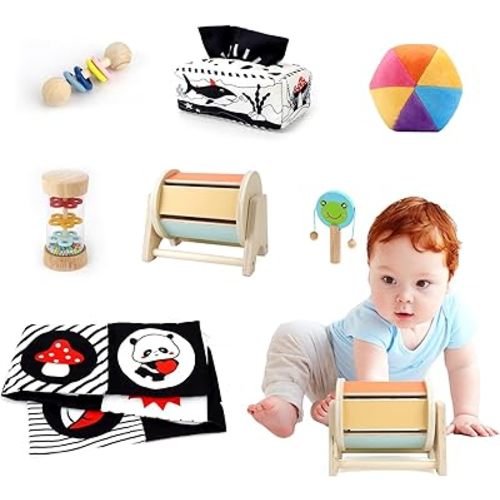 Dulsaera Montessori Toys 7 in 1 Learning Educational Set Newborn Toys, Rainbow Ball, Baby Black and White Books, Tissue Box Toy, Spinning Drum, Rattle Toy