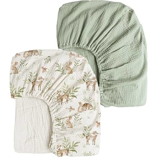 Konssy Muslin Crib Sheets 2 PCS, 100% Cotton Baby Crib Sheets for Standard Crib Mattress (28"x 52"), Soft and Breathable for Boys, Girls (Woodland,Sage)
