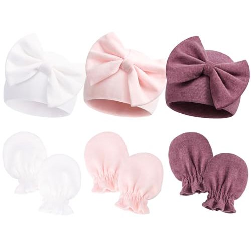 Newborn Hospital Hats Gloves Baby Infant Bow Beanie Cotton Caps No Scratch Hat Mittens Set for 0-6 Months