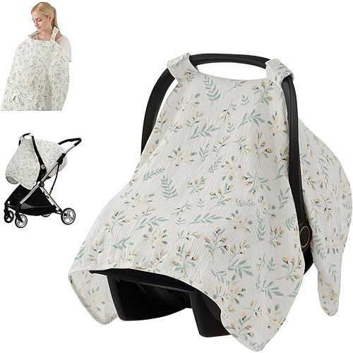 Blissful Diary 2-in-1 Muslin Baby Car Seat Cover, Multi-use Nursing Cover for Breastfeeding, Breathable Infant Car Seat Cover Canopy - Botanical Leaf