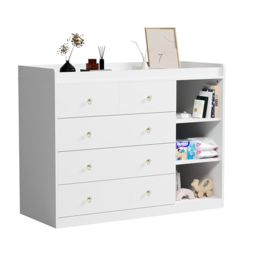 Latitude Run® 47.24" Baby Multi-Functional Baby Changing Table With 5 Drawers And 3 Shelves, White | Wayfair