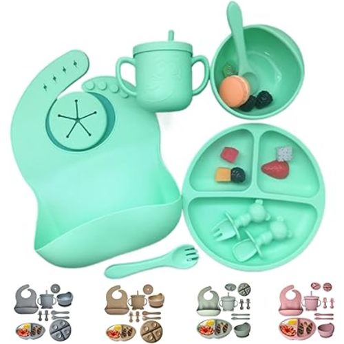 Baby Feeding Set 8-Piece | Baby Led Weaning Utensils Set Includes Suction Bowl and Plate, Spoon and Fork, Sippy Cup with Straw and Lid | Feeding Supplies (Emerald Green)