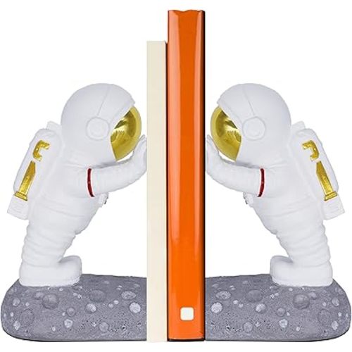 Astronaut Bookends - Space Decor Bookends for Kids Rooms - Unique Anti-Slip Book Holders with Reflective Gold Finish