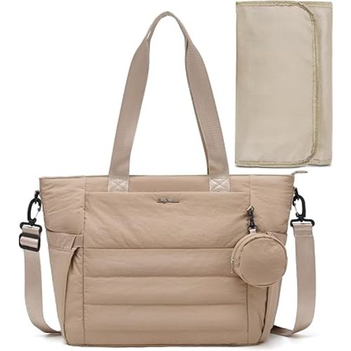 LONG VACATION Diaper Bag Tote Large Baby Diaper Tote Waterproof Travel Tote with Pacifier Case And Changing Pad (Khaki)
