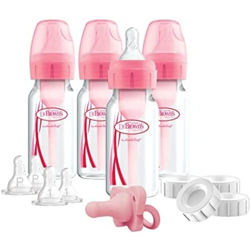 Dr. Brown's Options+ Slow Flow Preemie and Newborn Anti-Colic Bottle Set with 4oz Bottles and HappyPaci - Pink