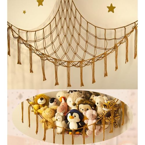 Stuffed Animal Hammock-Large Stuffed Animal Net For Toys Corner-Hanging Stuff Animal Toy Storage Organizer For Plush Plushie Display Caramel Toy Storage Girl Room Bedroom Boho Nursery Decor