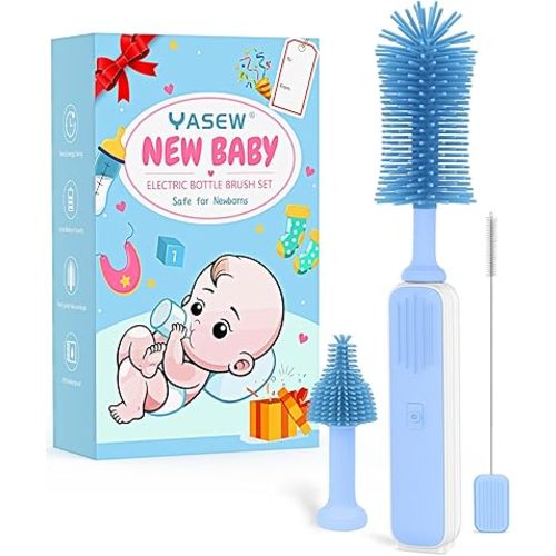 Electric Bottle Brush Cleaner, Baby Bottle Brush Set, 360° Efficient Cleaning, Long-Lasting 2000 mah Battery, Nipple, Straw Brush, and Exquisite Package, Baby Boy Essentials Gift (Blue)