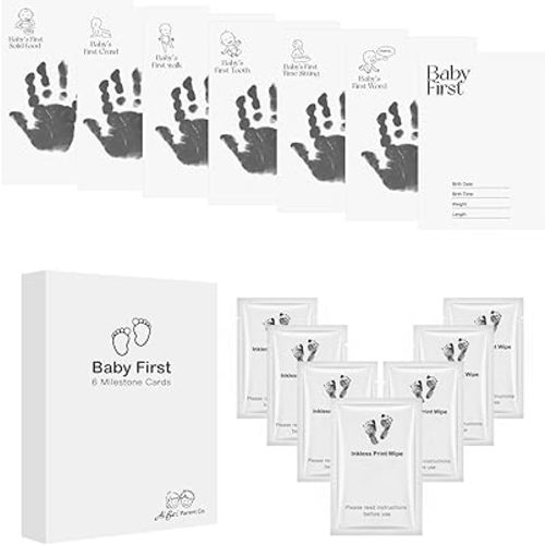7 Pieces Baby First Inkless Milestone Cards, Feet Newborn Inkless Hand and Footprint Kit, Baby Monthly Milestones Clean Touch Baby Handprint Kit, Perfect Family Memory or Gift(7 Wipe Bags+7 Papers)